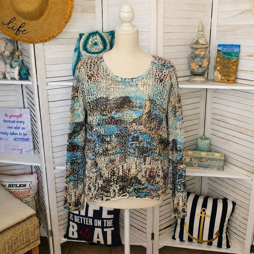 FDJ coastal print crochet sweater XL blue white gray nautical